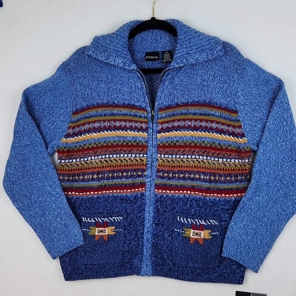 Vintage Erika Women's Zippered Knit Sweater Cardigan Blue Size Medium NWT - Picture 1 of 11